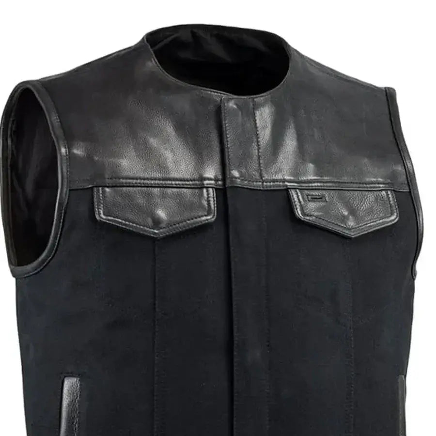 49/51 - No Collar Men's Leather/Canvas Motorcycle Vest - First Manufacturing Company - Flyclothing LLC