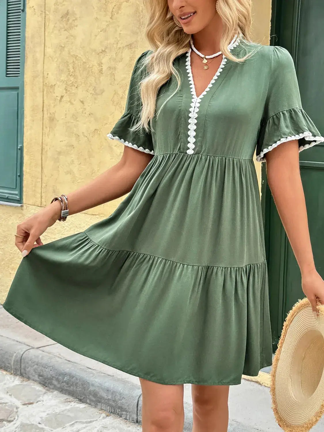 Lace Detail Notched Flounce Sleeve Mini Dress - Trendsi - Flyclothing LLC