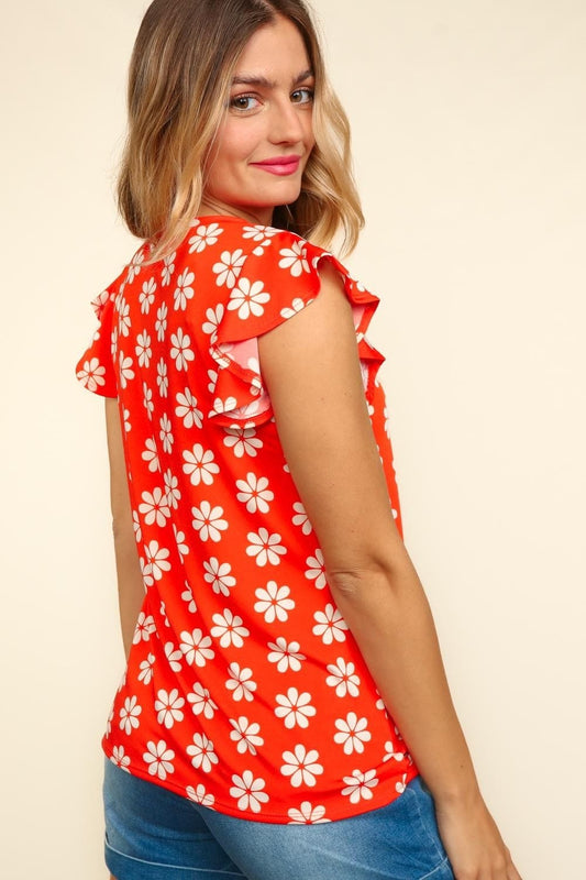 Haptics Round Neck Ruffled Floral Contrast Knit Top - Trendsi
