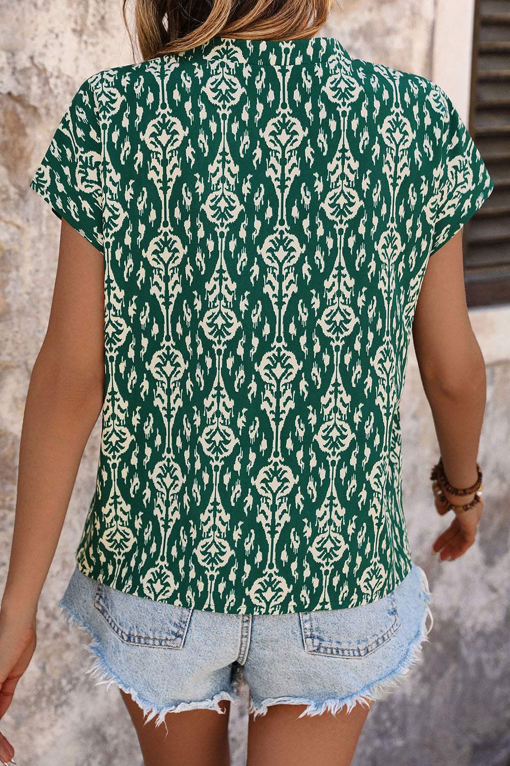 Printed Notched Short Sleeve Blouse - Trendsi - Flyclothing LLC