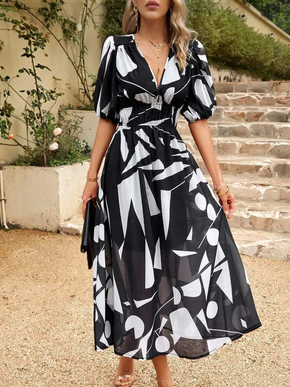Smocked Printed V-Neck Half Sleeve Midi Dress - Trendsi - Flyclothing LLC