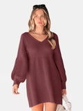 Perfee V-Neck Long Sleeve Sweater Dress - Trendsi