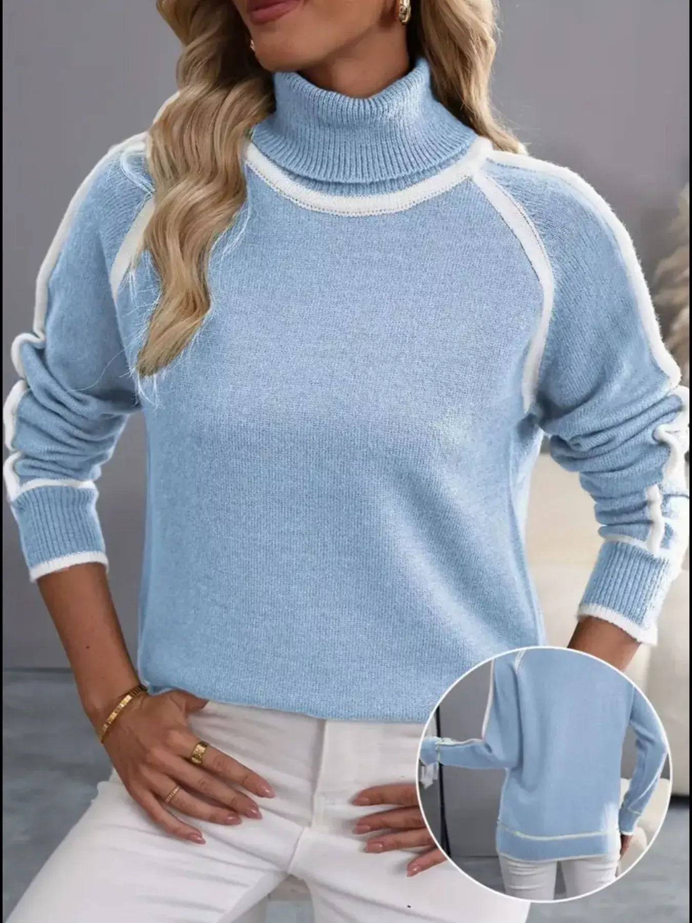 Full Size Turtleneck Contrast Trim Sweater Plus Size - Trendsi - Flyclothing LLC