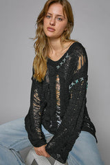 POL Distressed Dropped Shoulder Long Sleeve Knit Top - Trendsi