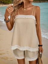 Fringe Square Neck Cami and Shorts Set - Trendsi - Flyclothing LLC