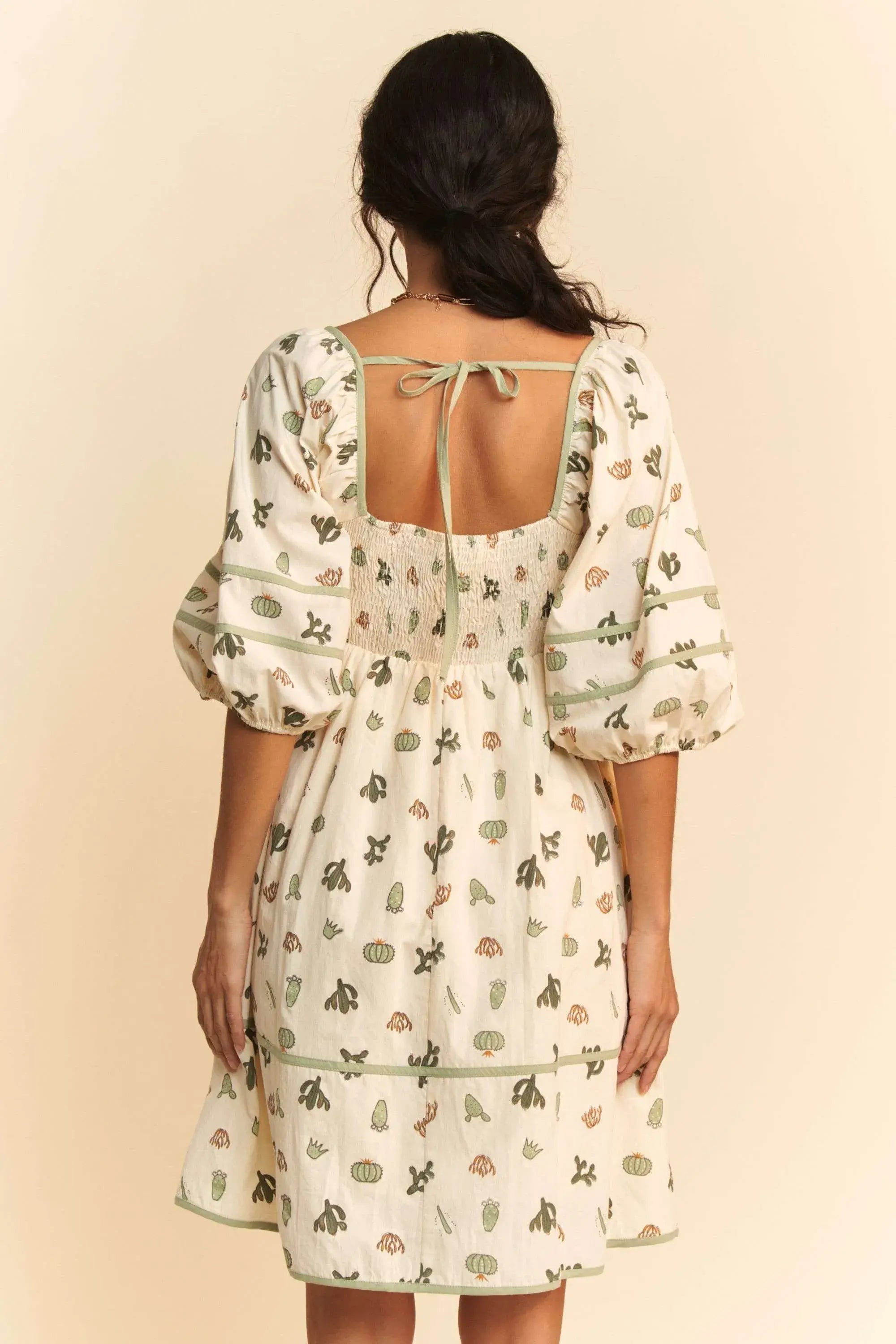 Davi & Dani Cactus Printed Poplin Contrast Piping Mini Dress - Trendsi - Flyclothing LLC