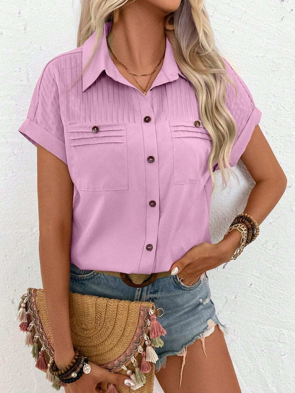 Pleated Detail Collared Neck Short Sleeve Shirt - Trendsi - Flyclothing LLC