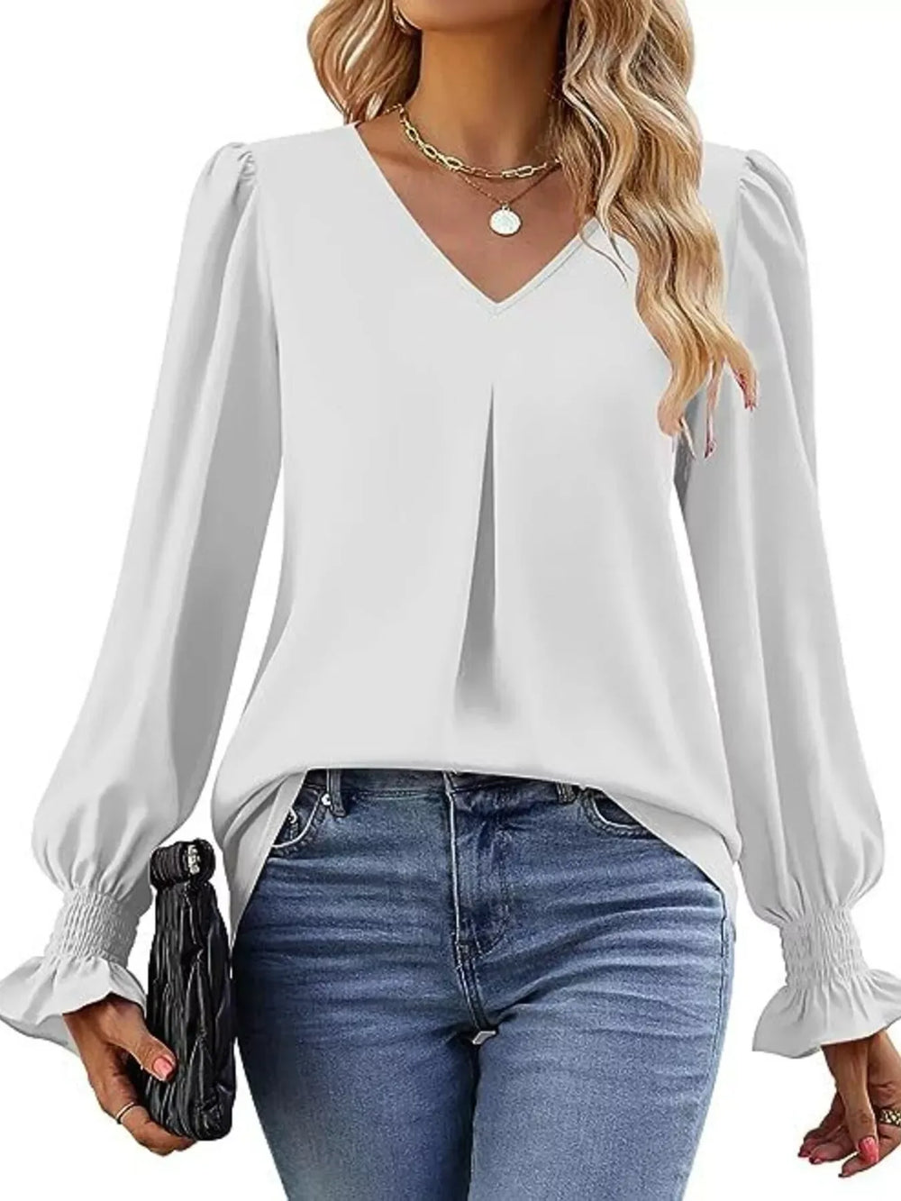 V-Neck Long Sleeve Ruffle Cuff Blouse - Trendsi - Flyclothing LLC