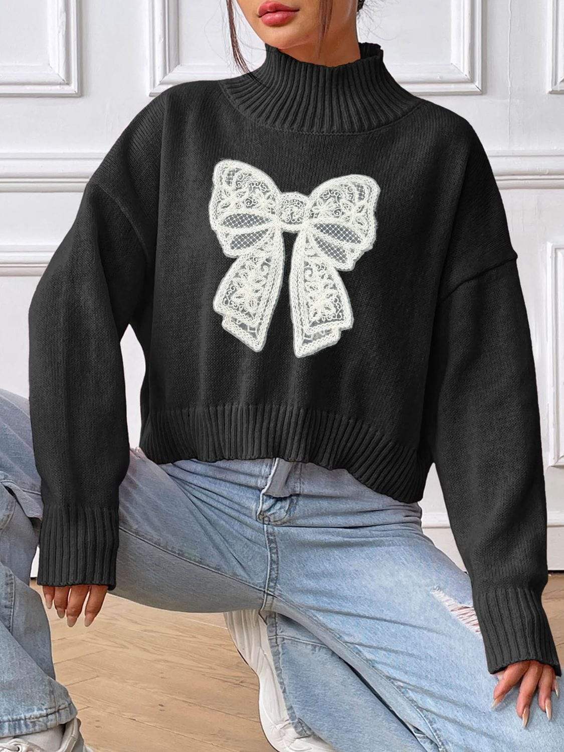 Bow Turtleneck Long Sleeve Sweater - Trendsi - Flyclothing LLC
