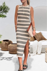 Slit Striped Round Neck Sleeveless Midi Dress - Trendsi - Flyclothing LLC