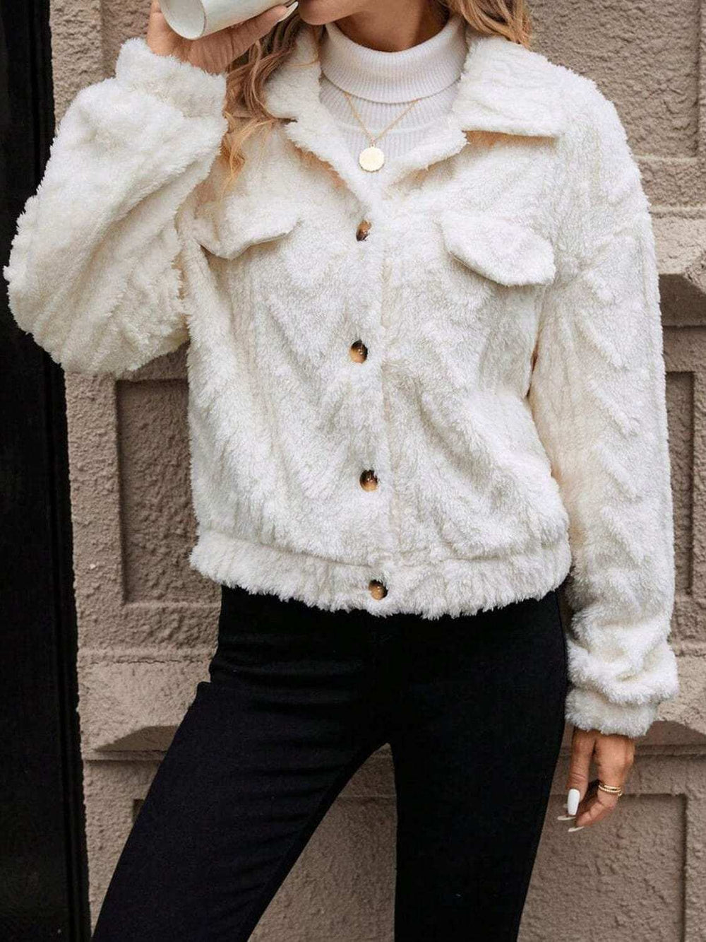 Button Up Long Sleeve Fuzzy Outerwear - Trendsi - Flyclothing LLC
