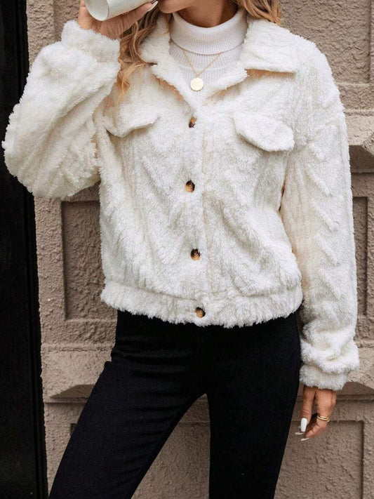 Button Up Long Sleeve Fuzzy Outerwear - Trendsi - Flyclothing LLC
