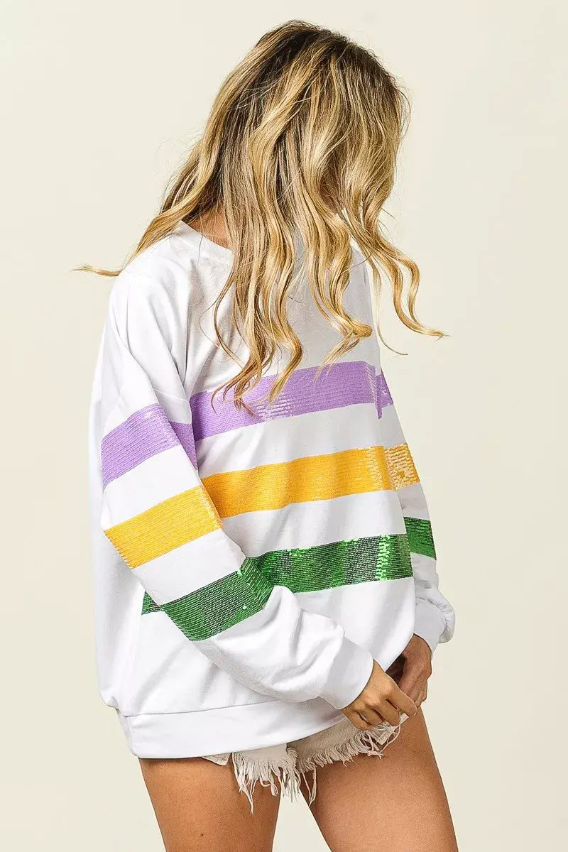 BiBi Sequin Mardi Gras Striped Round Neck Sweatshirt - Trendsi - Flyclothing LLC