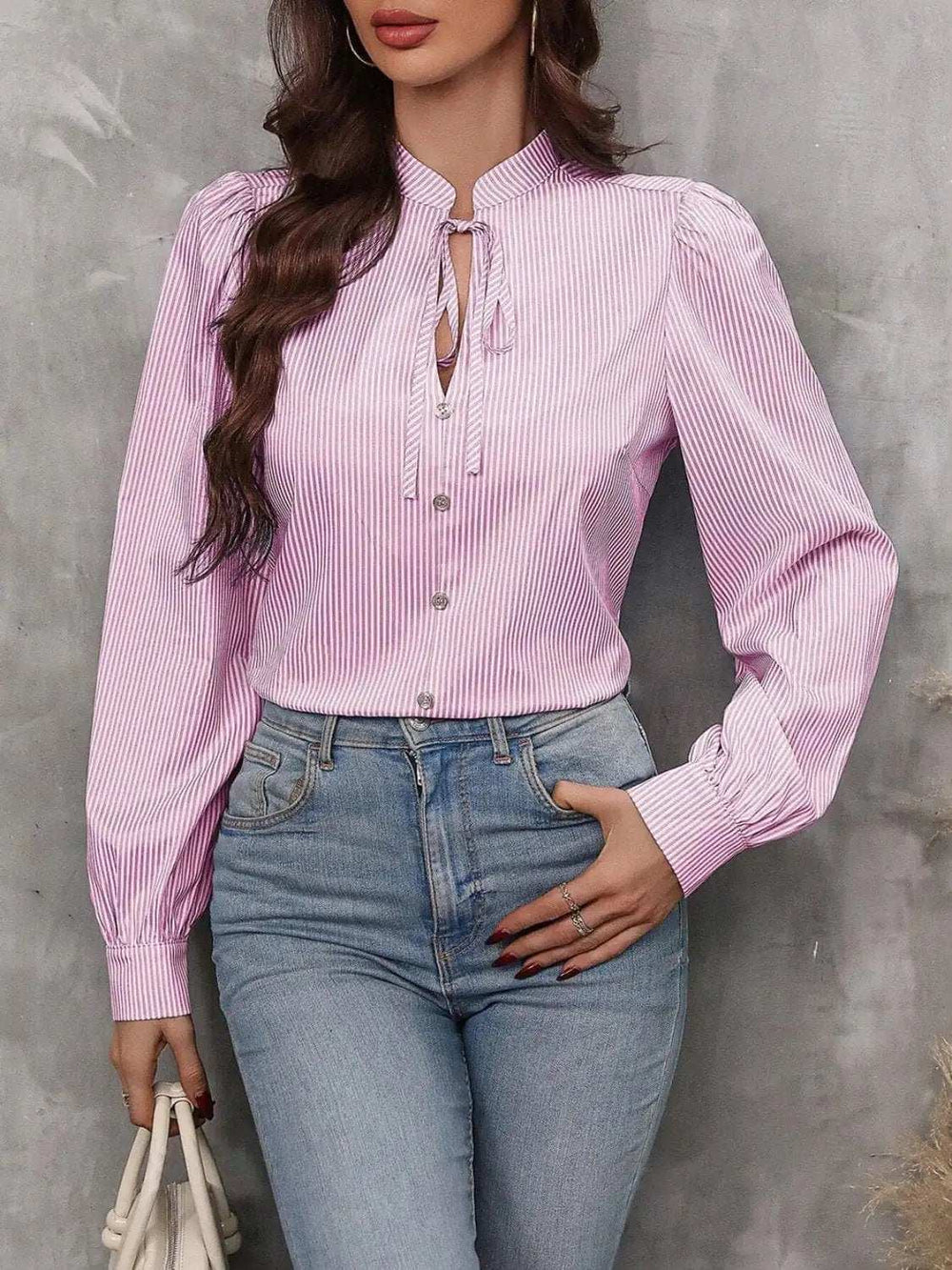 Striped Tie Neck Long Sleeve Blouse - Trendsi - Flyclothing LLC