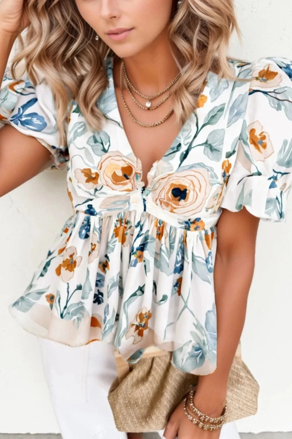 Floral Print Puff Sleeve V Neck Babydoll Blouse - Trendsi