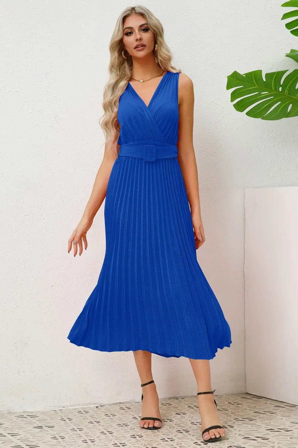 Surplice Sleeveless Midi Pleated Dress - Trendsi