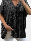Full Size Sequin V-Neck Short Sleeve Top - Trendsi - Flyclothing LLC