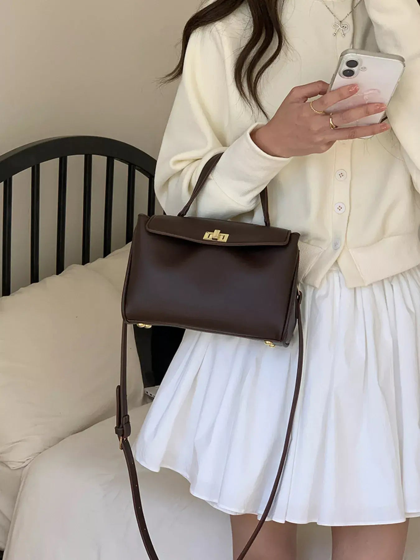 Golden Clasp Leather Crossbody Bag - Trendsi - Flyclothing LLC