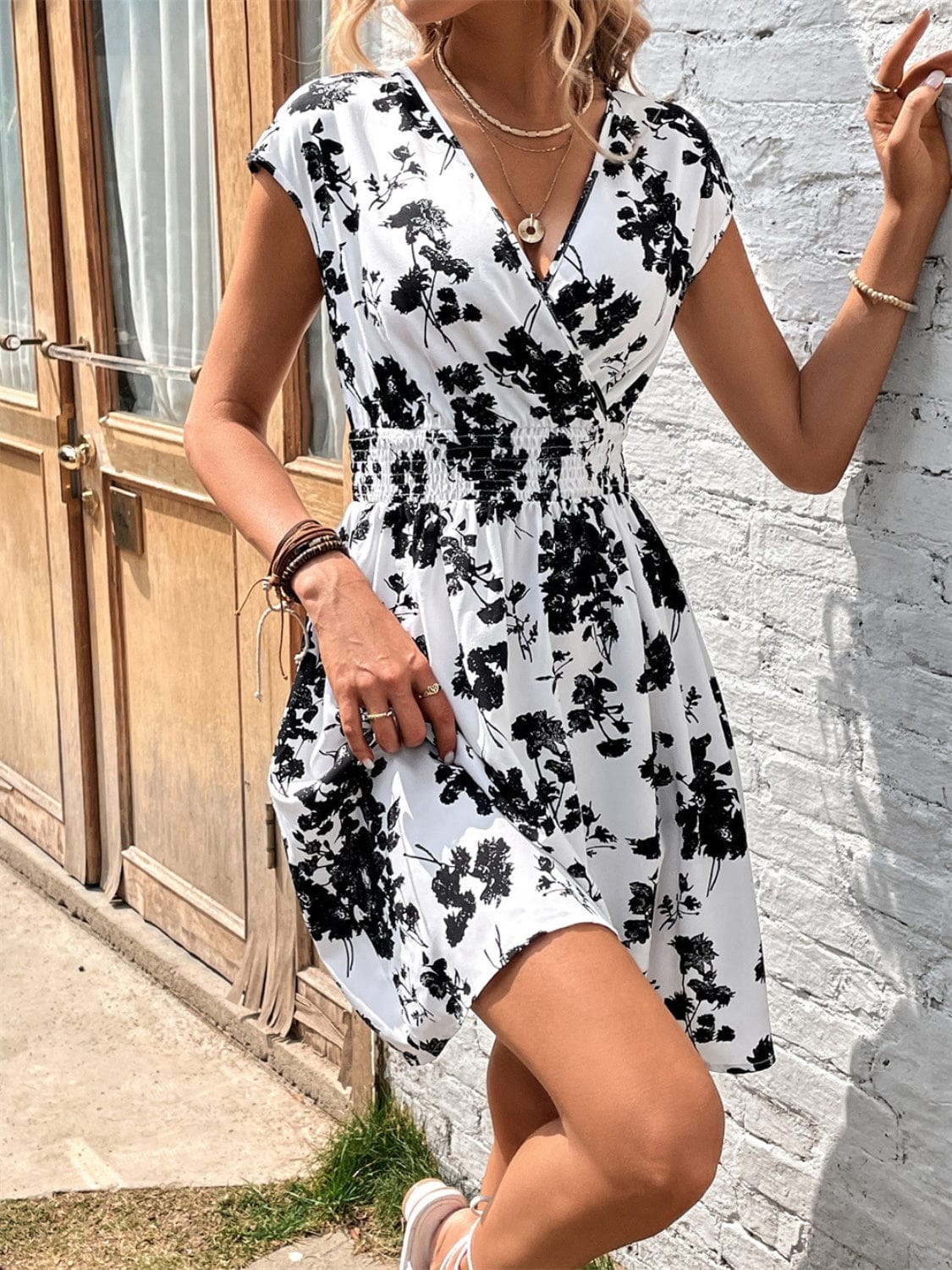 Printed Surplice Cap Sleeve Dress - Trendsi