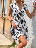 Printed Surplice Cap Sleeve Dress - Trendsi - Flyclothing LLC