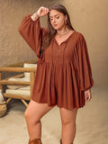 Plus Size Ruched Tie Neck Balloon Sleeve Romper - Trendsi