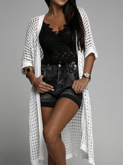 Openwork Open Front Three-Quarter Sleeve Cover Up - Trendsi