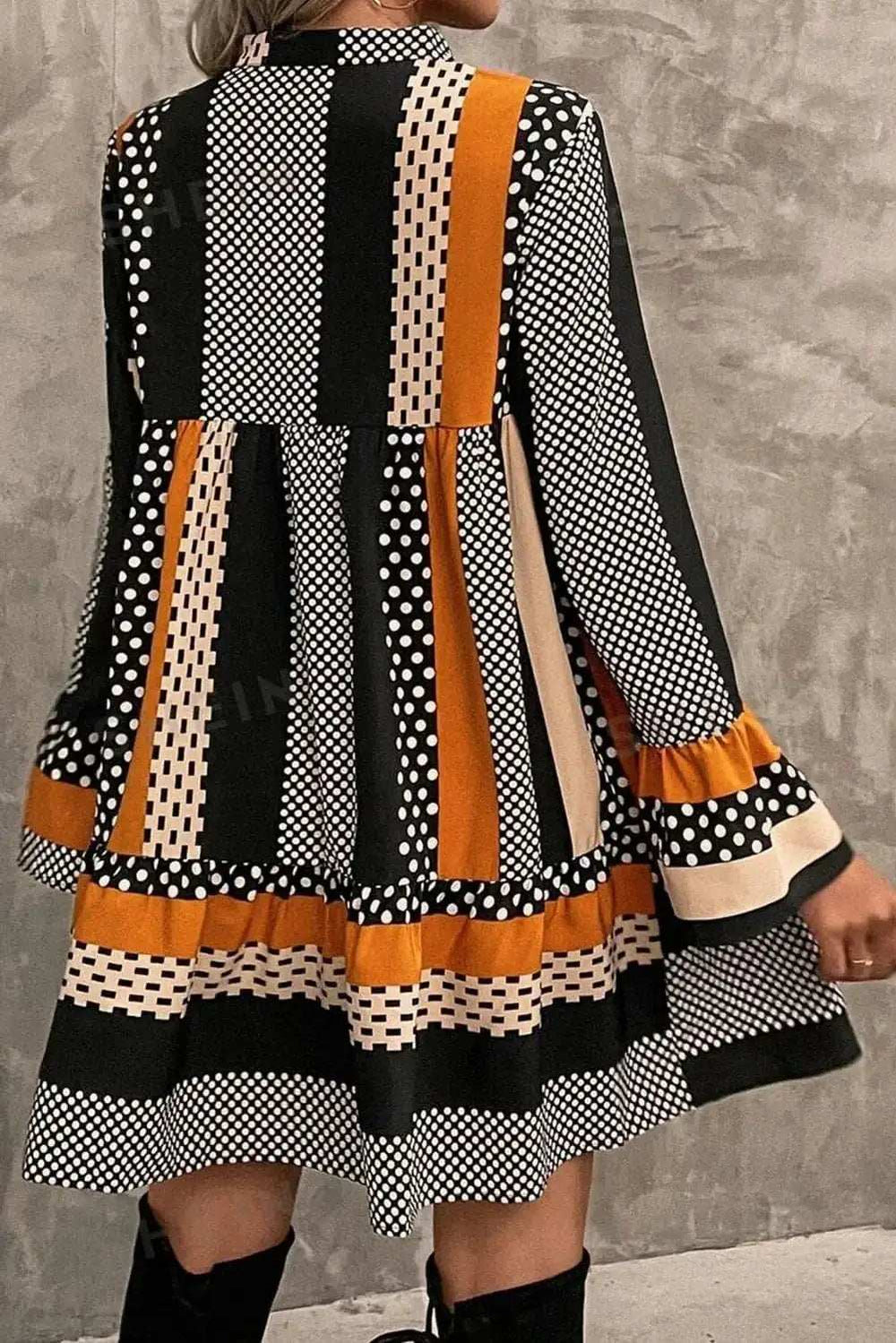 Printed Notched Long Sleeve Mini Dress - Trendsi - Flyclothing LLC