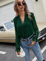 Lace Detail V-Neck Swiss Dot Blouse - Trendsi - Flyclothing LLC