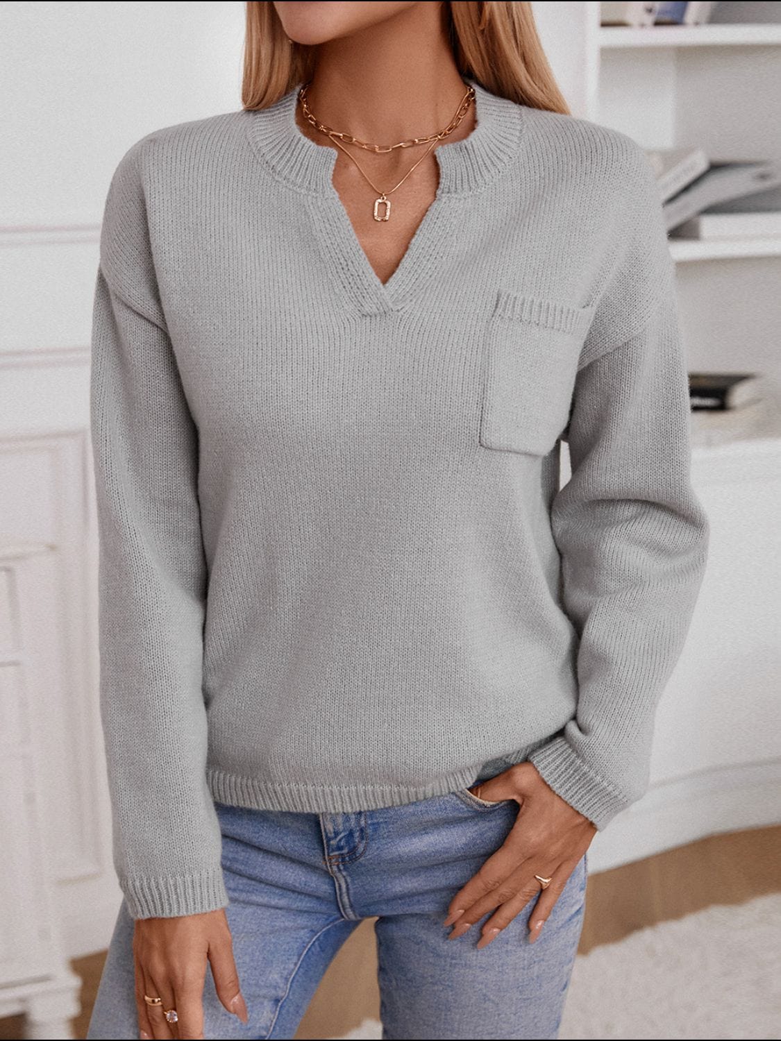 Pocketed Notched Long Sleeve Knit Top - Trendsi
