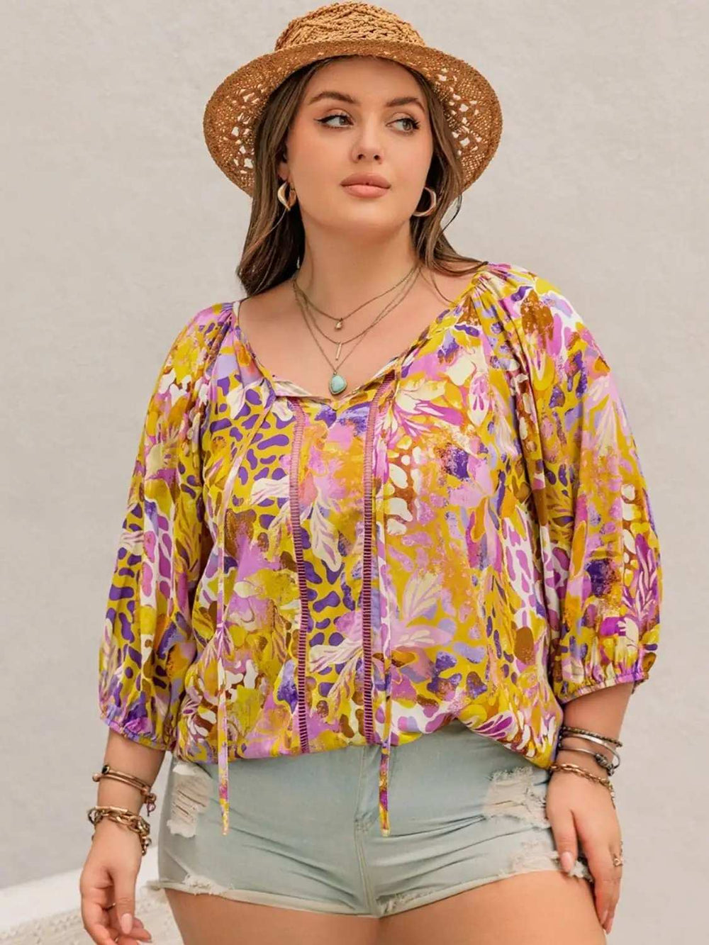 Plus Size Printed Tie Neck Blouse - Trendsi - Flyclothing LLC