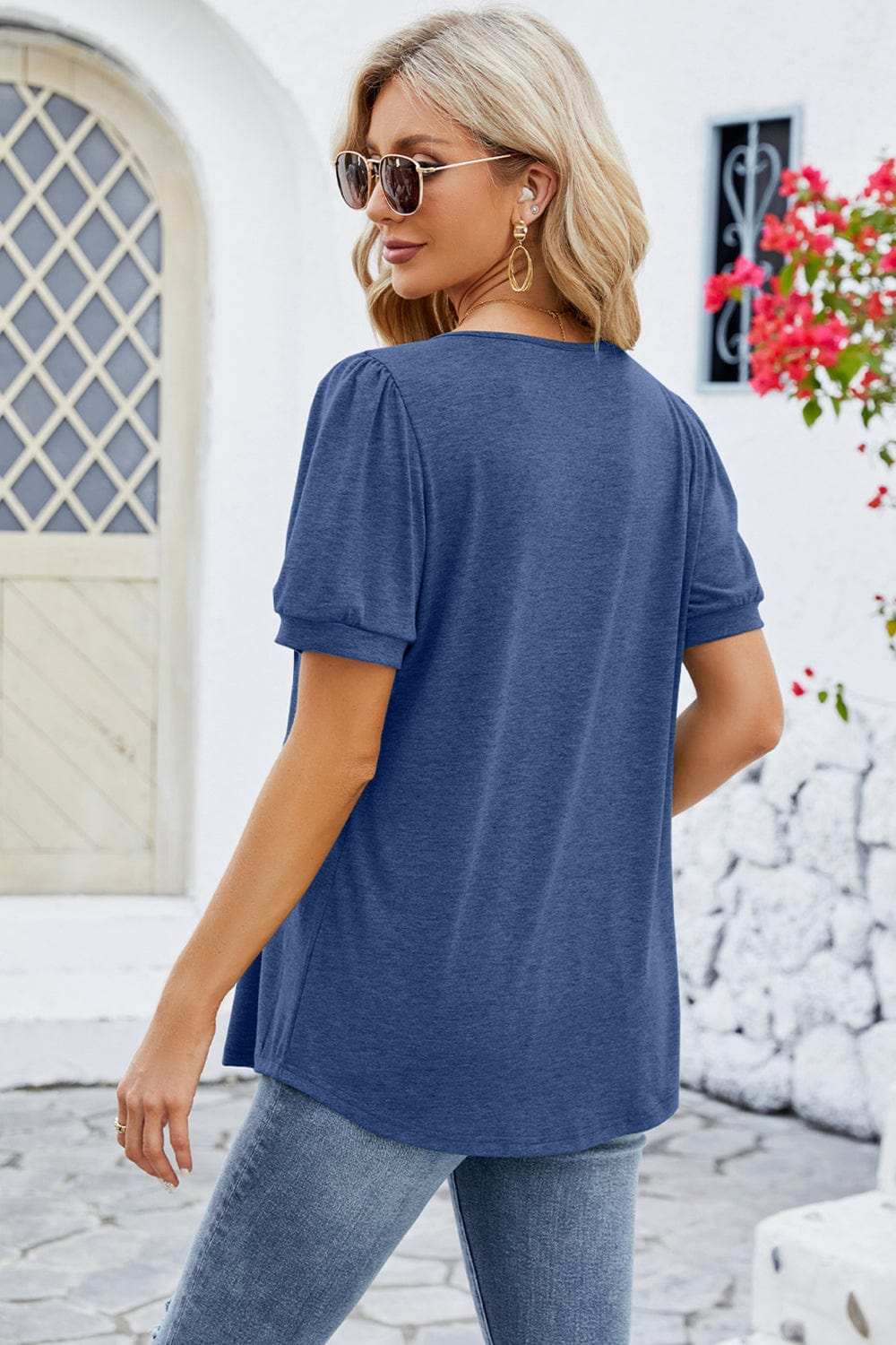 Ruched Scoop Neck Short Sleeve Blouse - Trendsi - Flyclothing LLC
