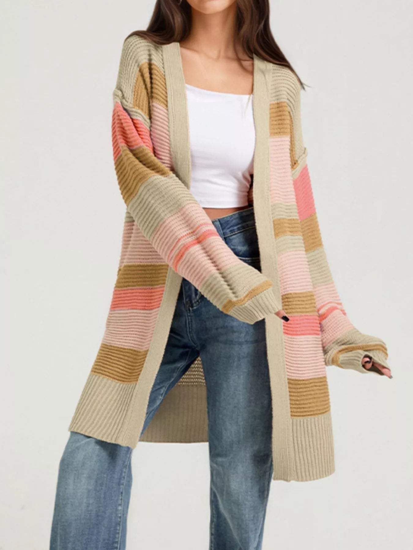 Color Block Striped Open Front Cardigan - Trendsi - Flyclothing LLC