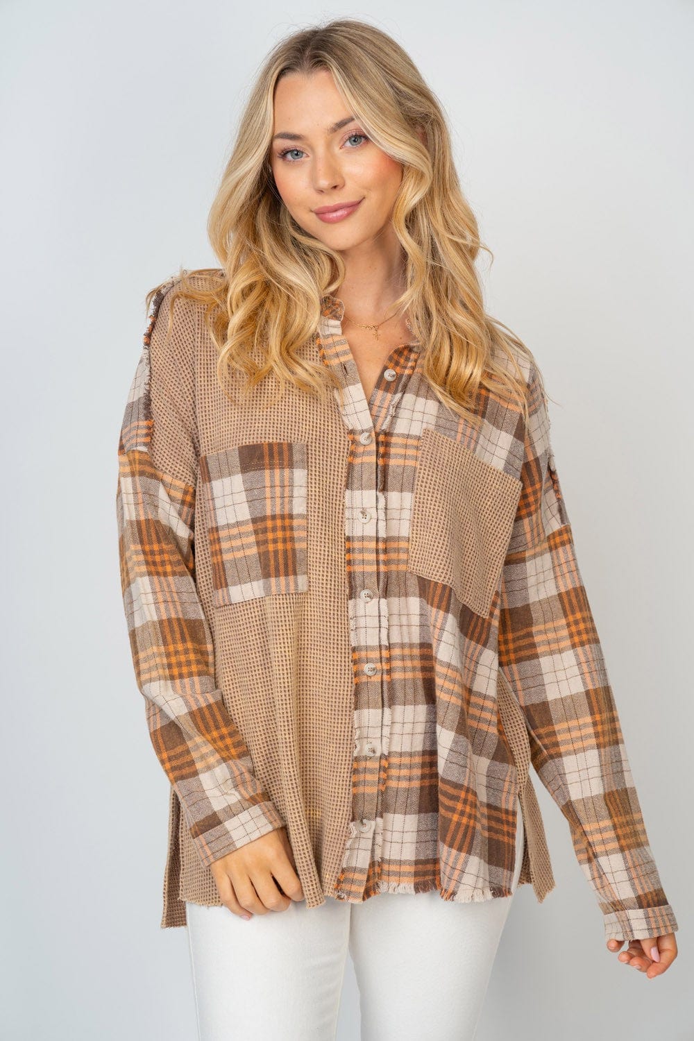 White Birch Full Size Contrast Plaid Button Down Shirt Trendsi