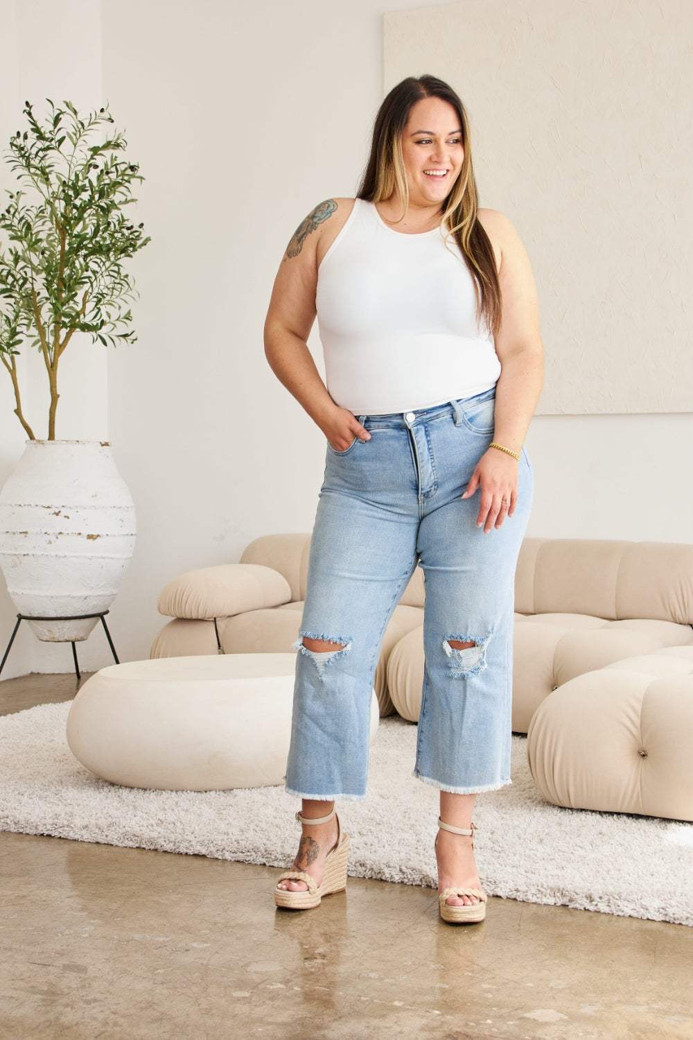 RFM Full Size Tummy Control High Waist Raw Hem Distressed Jeans - Trendsi - Flyclothing LLC
