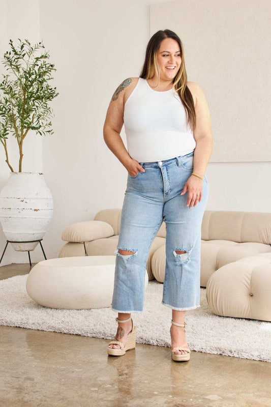 RFM Full Size Tummy Control High Waist Raw Hem Distressed Jeans - Trendsi - Flyclothing LLC
