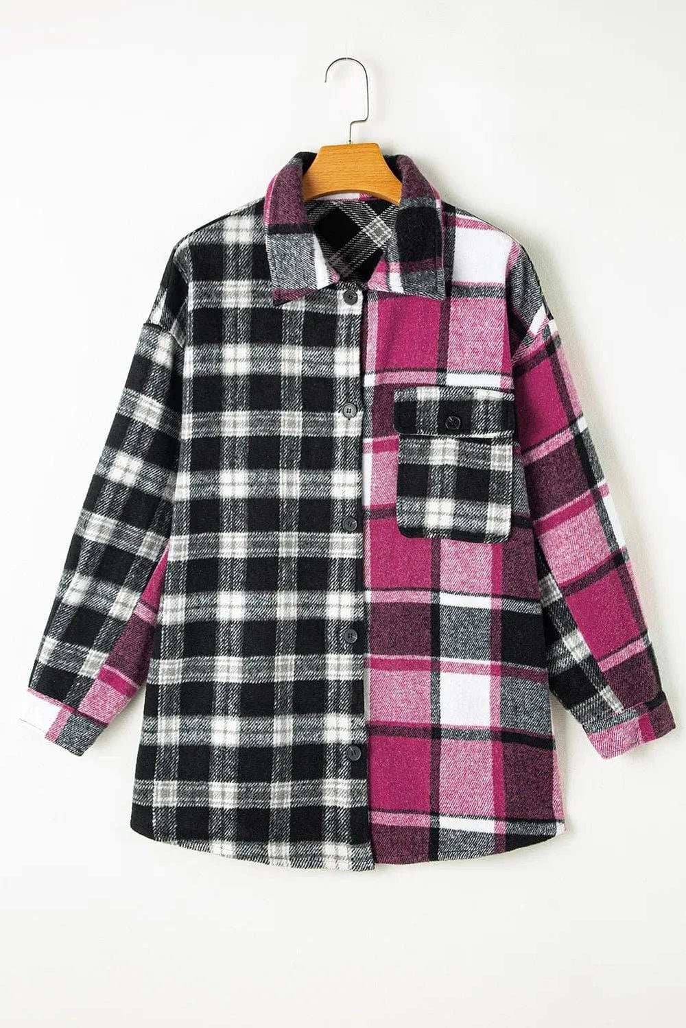 Pocketed Plaid Collared Neck Long Sleeve Shacket - Trendsi - Flyclothing LLC