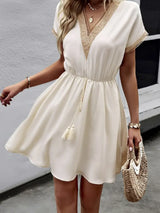 Full Size Tassel V-Neck Short Sleeve Dress Plus Size - Trendsi - Flyclothing LLC