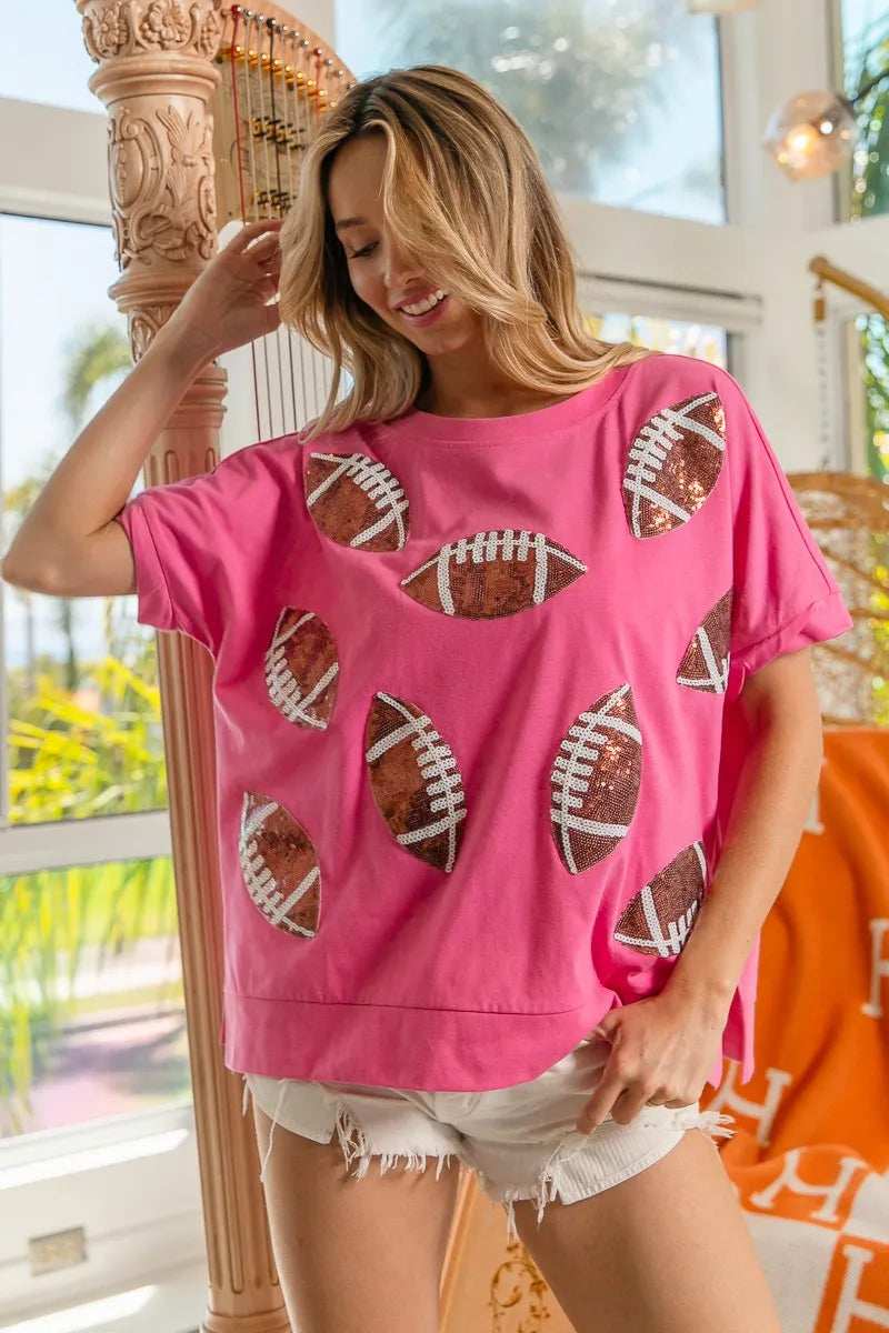 BiBi Game Day Sequins Patched Half Sleeves Top - Trendsi - Flyclothing LLC