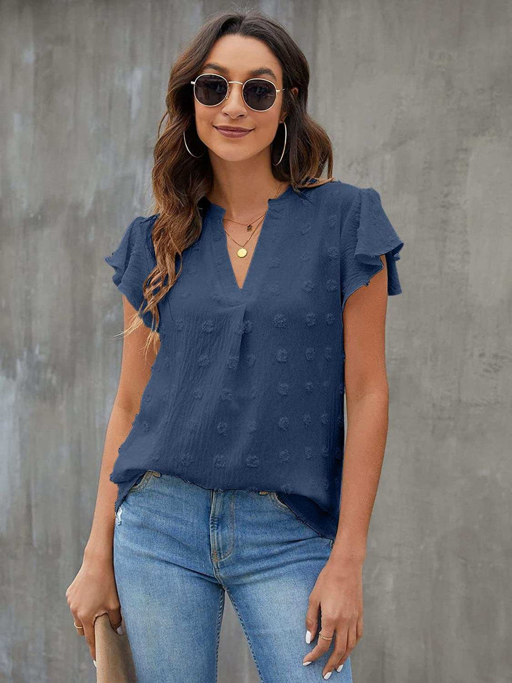 Swiss Dot Notched Flutter Sleeve Blouse - Trendsi - Flyclothing LLC