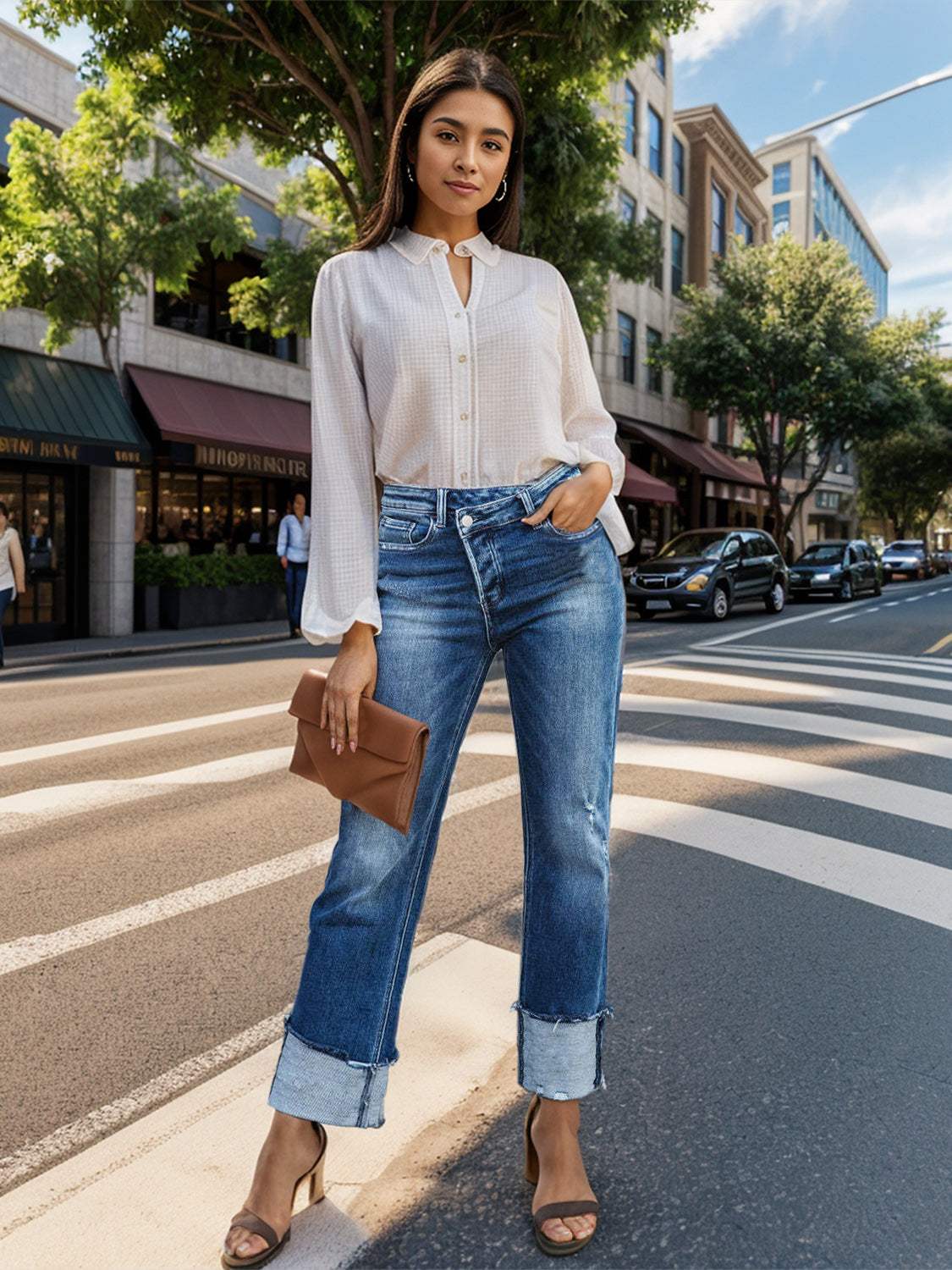 Stepped Waist Raw Hem Rolled Straight Jeans - Trendsi - Flyclothing LLC
