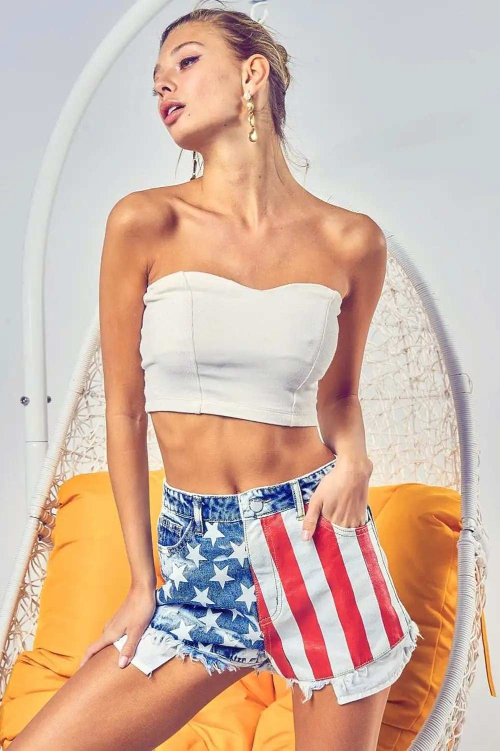 BiBi US Flag Theme Bleached Denim Shorts - Trendsi - Flyclothing LLC