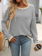 Mandy Striped Round Neck Long Sleeve Sweater - Trendsi - Flyclothing LLC