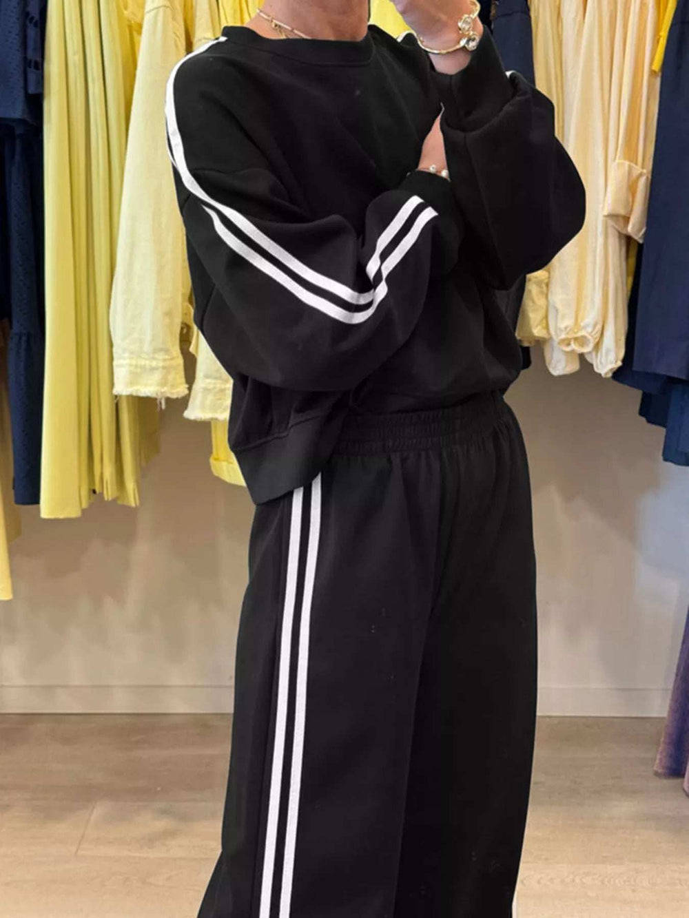Striped Detail Crewneck Top and Elastic Sweatpants 2pcs Set - Trendsi - Flyclothing LLC