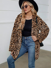 Fuzzy Leopard Hooded Long Sleeve Jacket - Trendsi