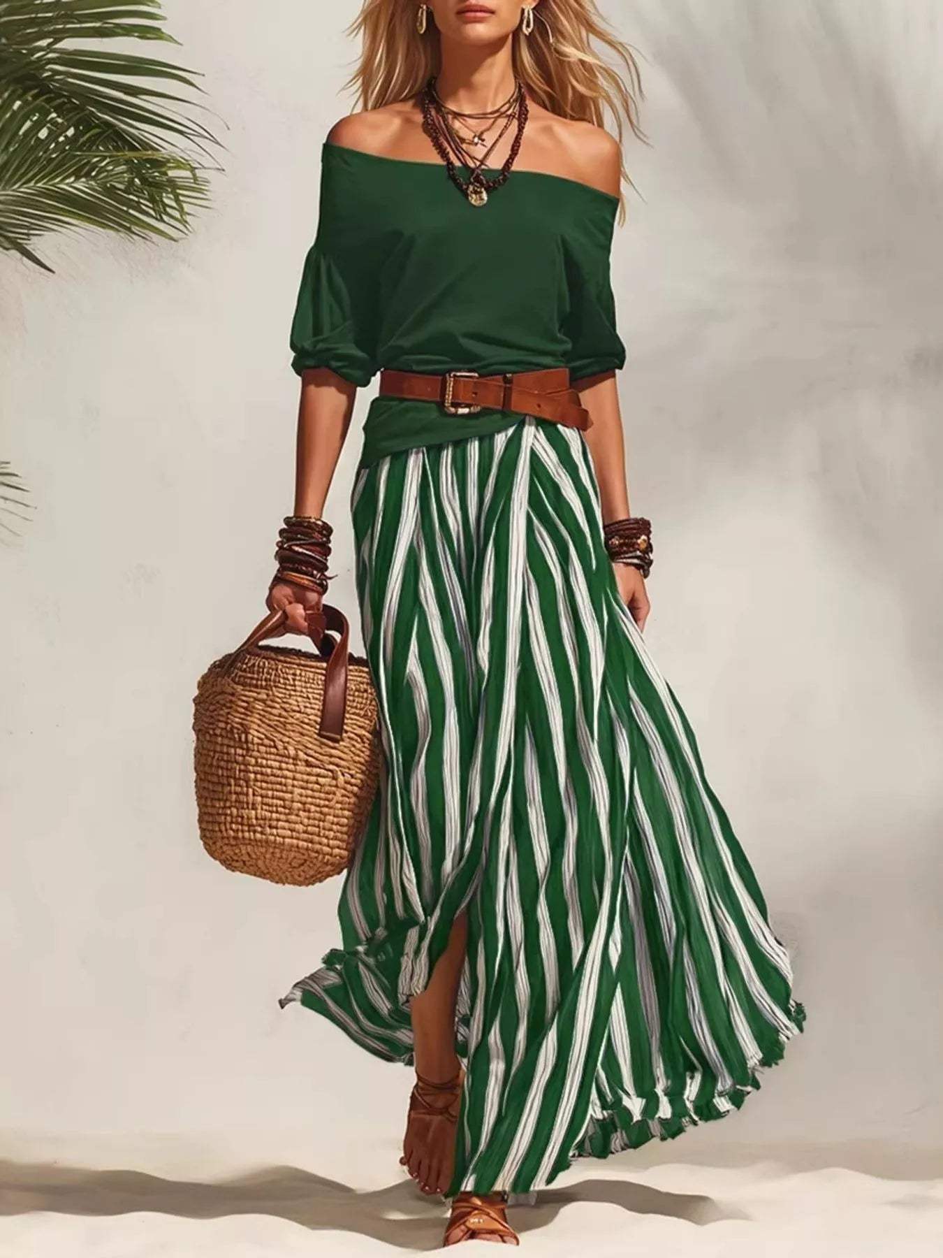 Off Shoulder Top and Striped Maxi Skirt Set - Trendsi - Flyclothing LLC