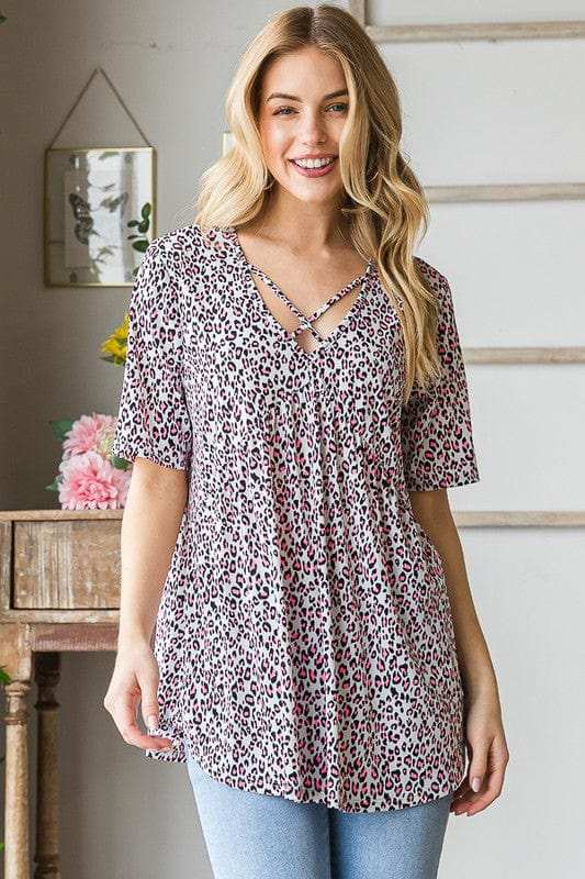 Heimish Full Size Short Sleeve Crisscross Animal Babydoll Top Plus Size - Trendsi - Flyclothing LLC