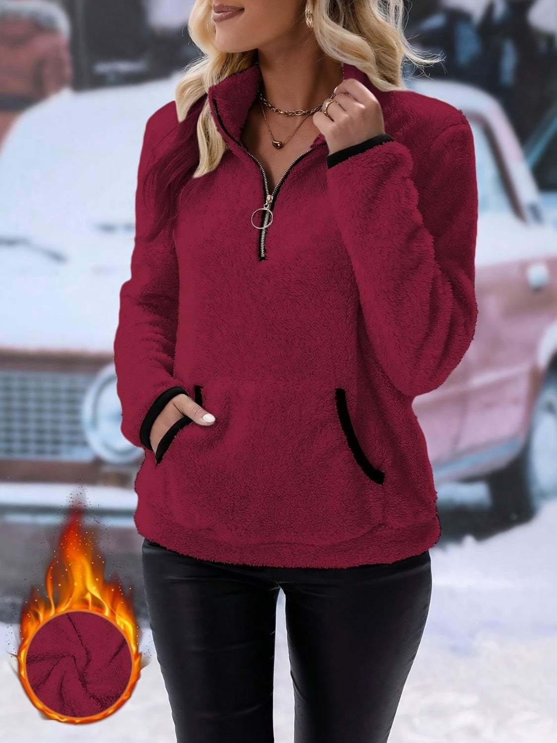 Half Zip Long Sleeve Furry Sweatshirt - Trendsi - Flyclothing LLC