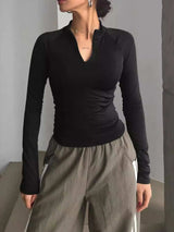 Long Sleeve Zip Front Fitted T-Shirt - Trendsi - Flyclothing LLC