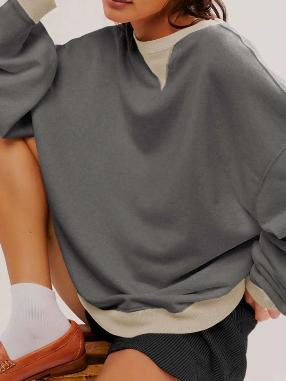 Contrast Dropped Shoulder Long Sleeve Sweatshirt - Trendsi - Flyclothing LLC