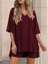 Full Size Casual Loose V-Neck T-Shirt & Shorts Set Plus Size - Trendsi - Flyclothing LLC
